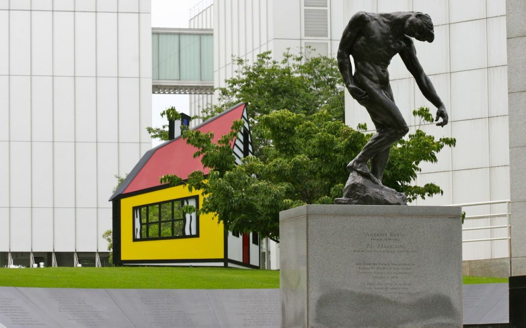 A statue by Auguste Rodin (French 1840-1917) called "The Shade", in the foreground, Roy Lichtenstein's (American 1923-1997) House III and  part of the Museum building in the back designed by Richard Meier (American born 1934) in 1983 and a remodel 2003-2005 designed by Renzo Piano (Italian born 1937).