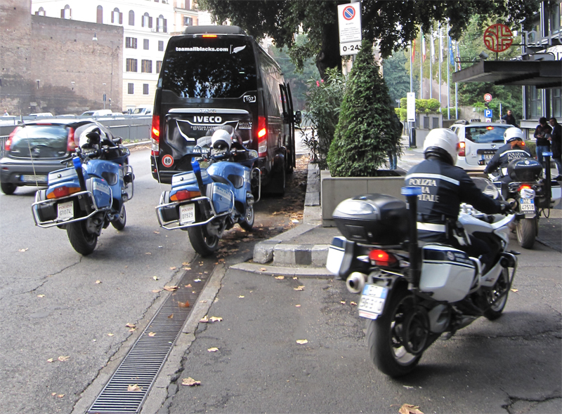 All Blacks van in Rome with Police MC escort