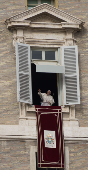 The window where the Pope will appear on Sundays at noon when he is in Rome
