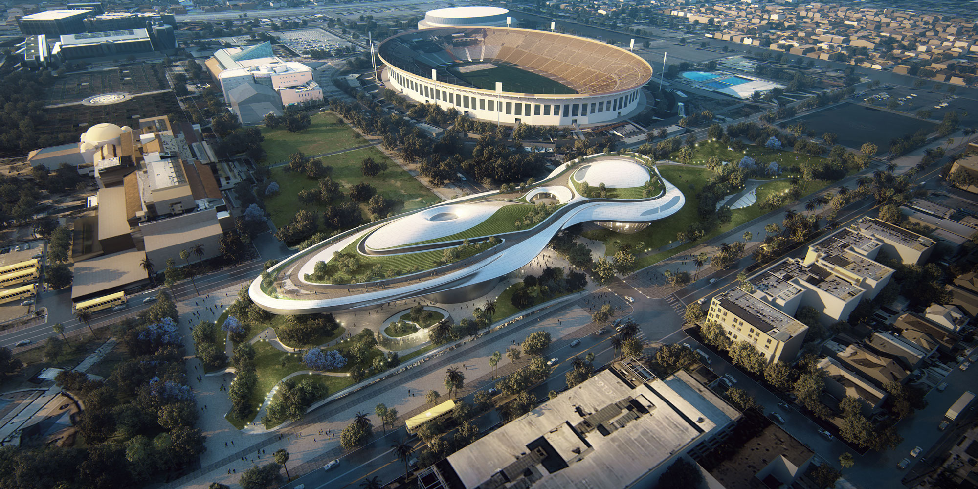 View from above of the Rendering of the Lucas Museum of Narrative Arts new museum to be built in Los Angeles. The Los Angles Coliseum is next to the new museum building.
