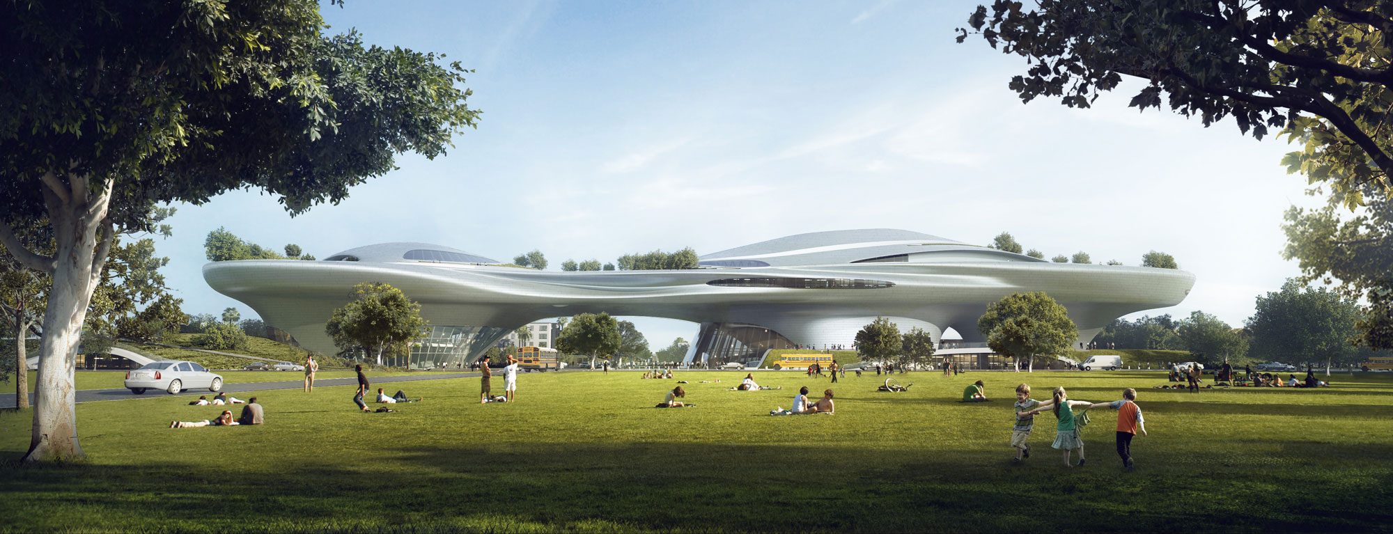 Rendering of the Lucas Museum of Narrative Arts new museum to be built in Los Angeles