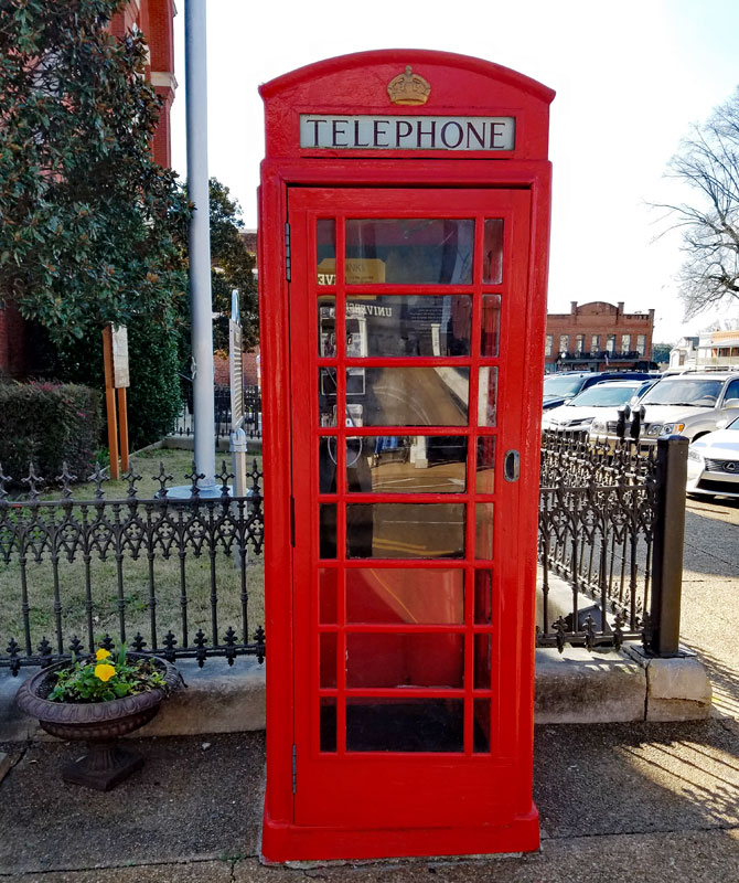 British telecom model K6 phone booth dating to the 1930's in the town square Oxford MS
