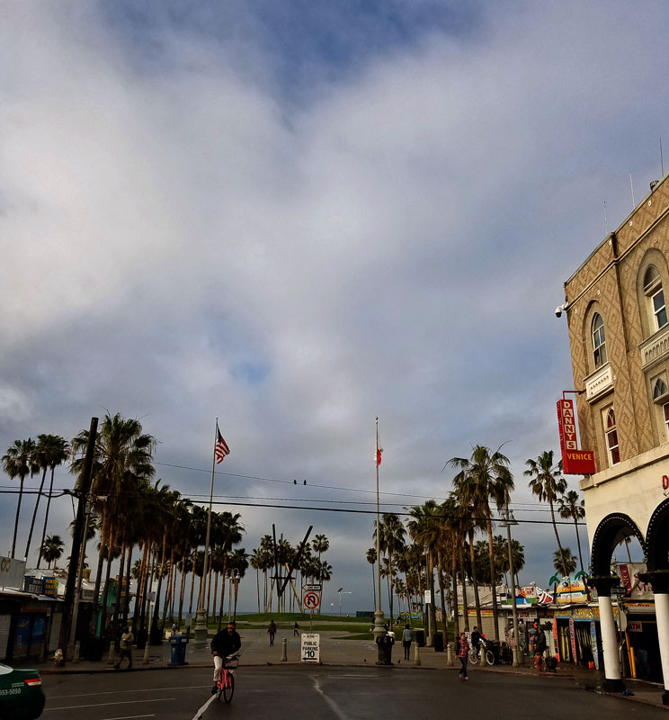 Venice boardwalk at Windward Avenue this morning Sunday February 26 - no rain at this moment, but it's in the air