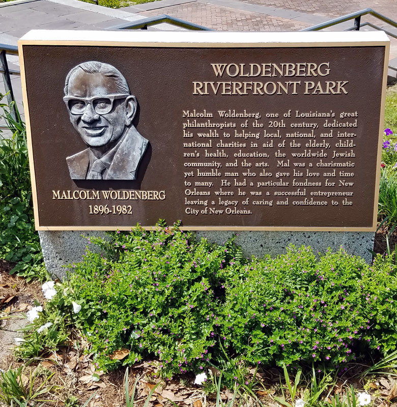 Plaque to honor Malcolm Woldenberg in Woldenbereg Riverfront Park