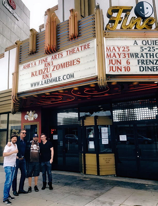In front of the theatre, from left Mark Newton - Director/Producer, Per Ericson - Producer/First AD, Daniel Wood - Producer, Timothy Haug -Actor