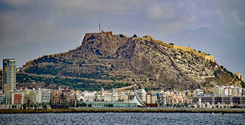 The 166m high mount Benacantil in the centre of Alicante from the sea.