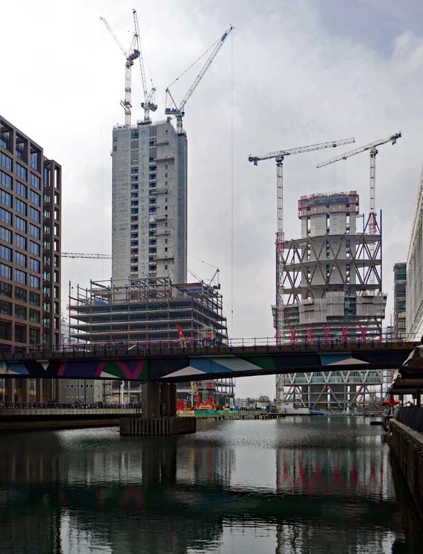 Canary Wharf construction cranes.