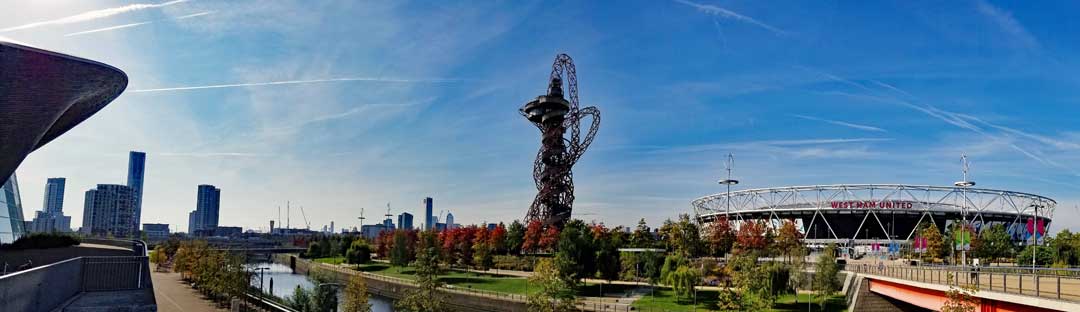 Queen Elisabeth Olympic Park. From left, the Aquatics center, The ArchelorMittal Orbit metal sculpture and the London Stadium.