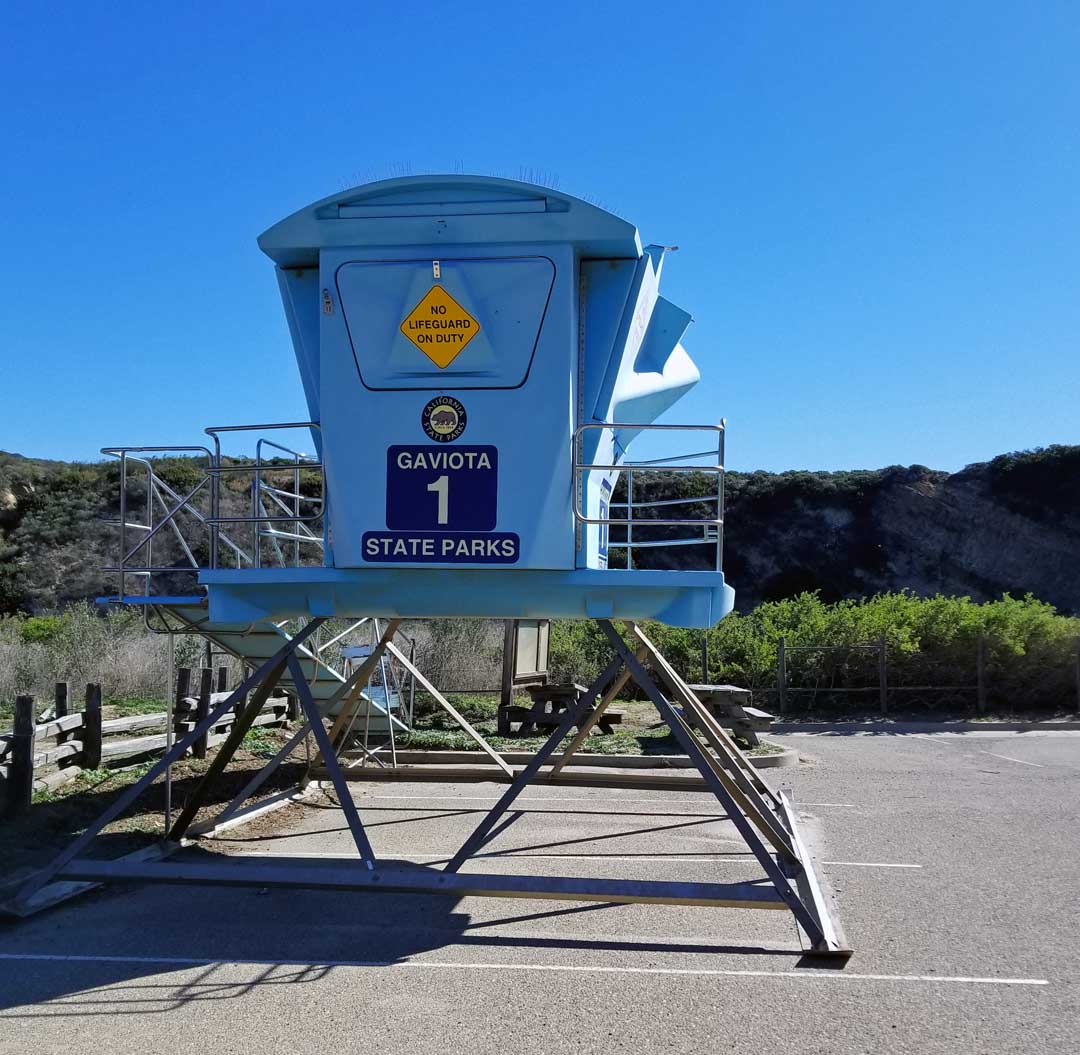The Gaviota life guard tower is stored in the parking lot for the winter.