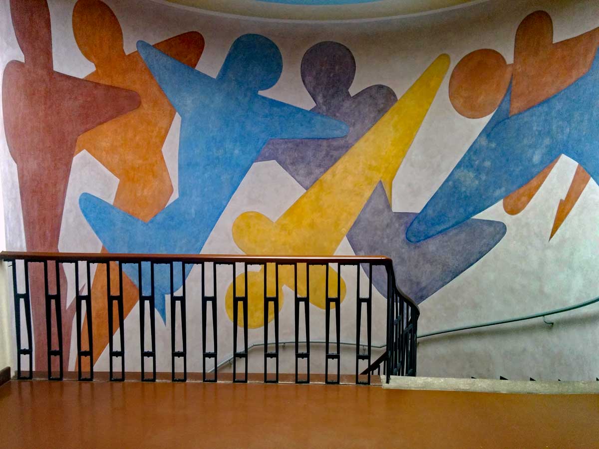 Oskar Schlemmer created this mural in the staircase at the Bauhaus University main building.