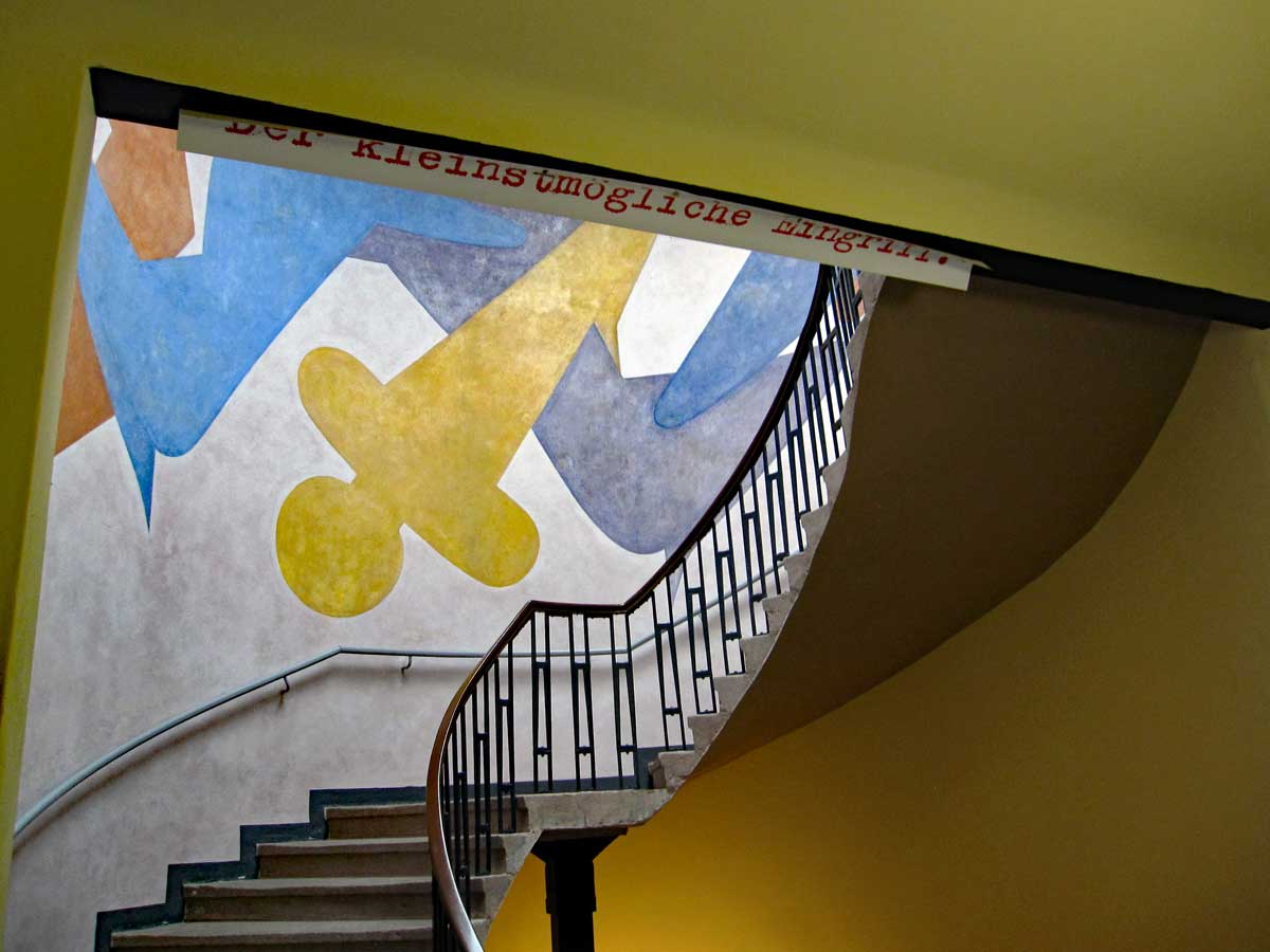 The Schlemmer mural seen from the staircase going up.