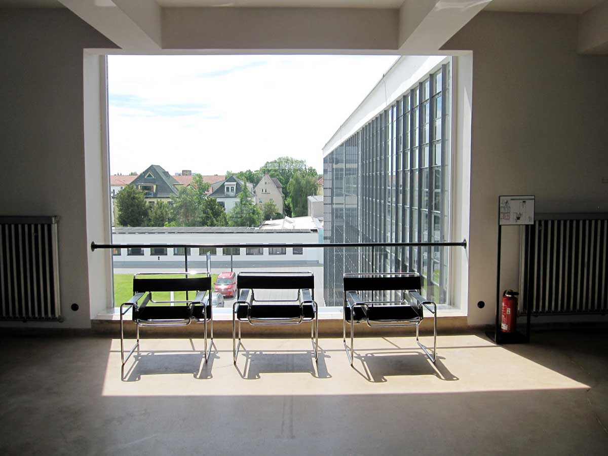 Interior of the Bauhaus University Dessau with Marcel Breuer designed chairs "Wassily" in front of the window.